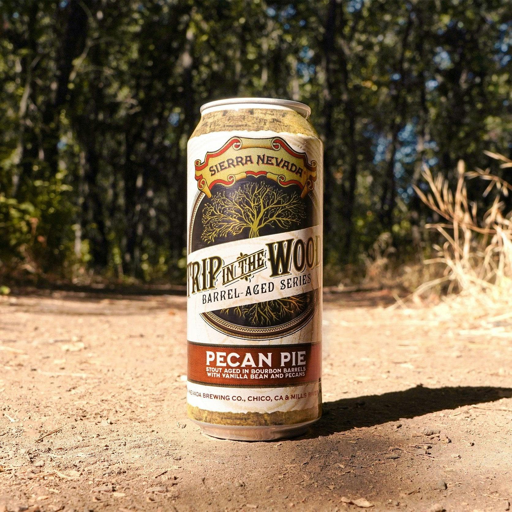 Sierra Nevada Trip In The Woods Pecan Pie Barrel Aged Stout can outdoors on a hiking path