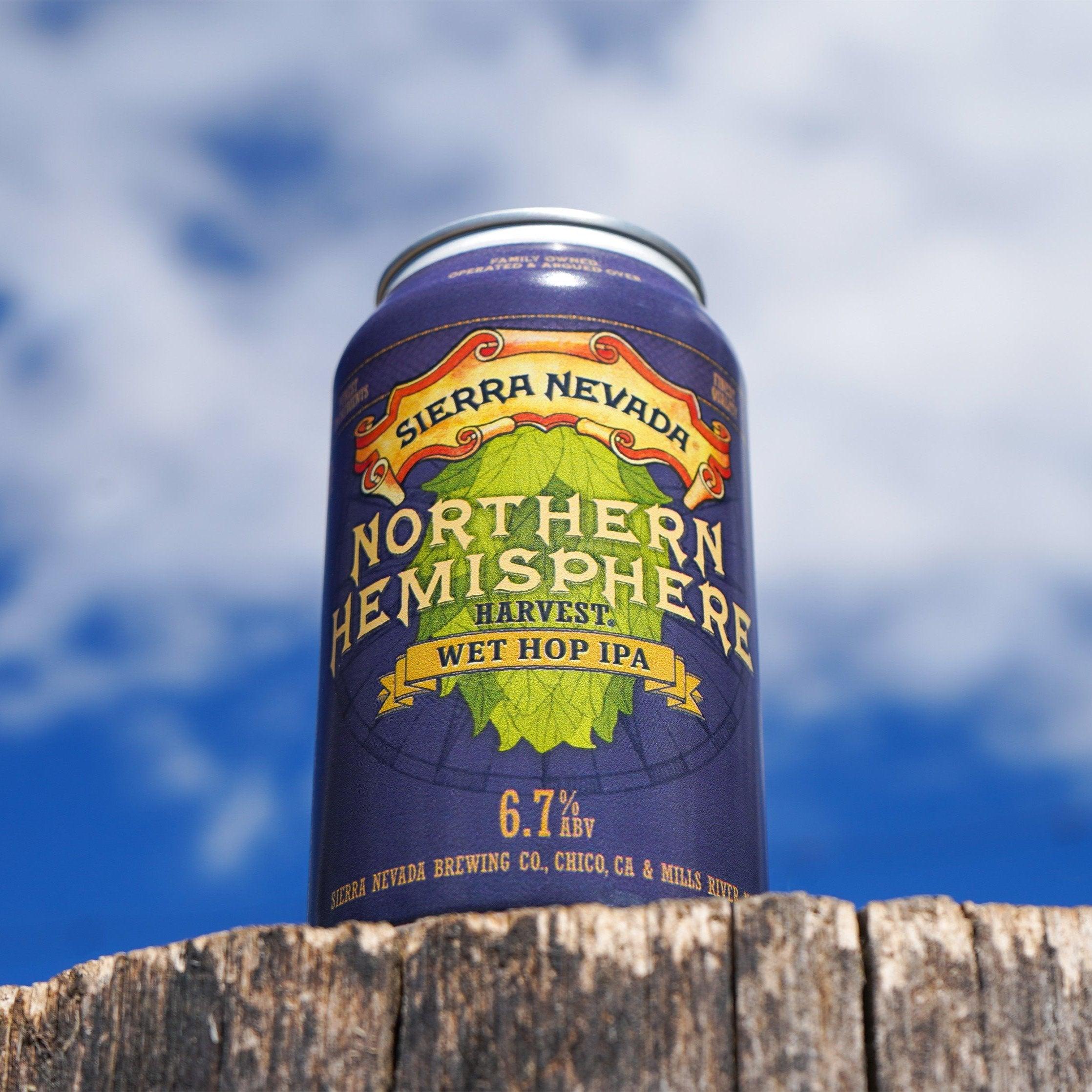 Sierra Nevada Northern Hemisphere Wet Hop IPA can perched on top of a wooden surface