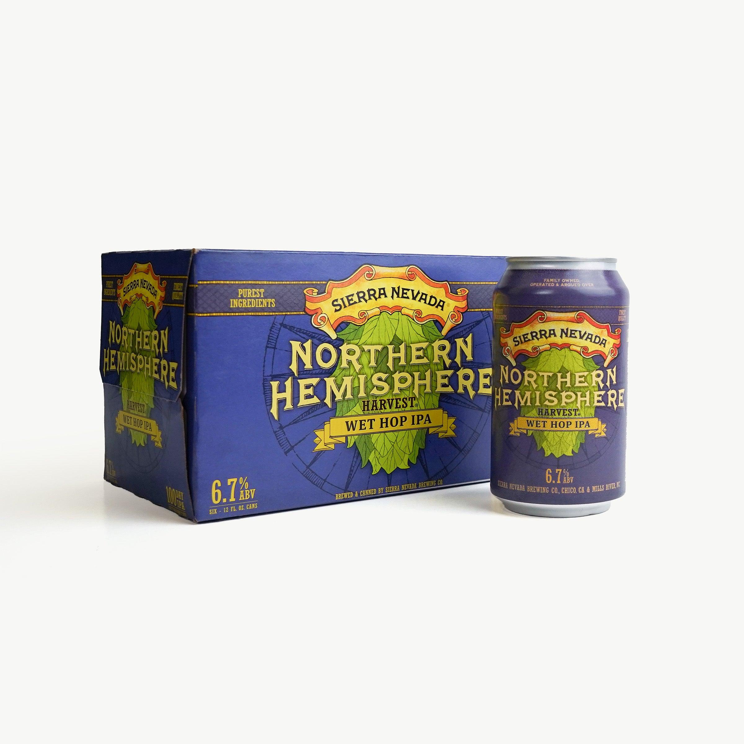 Sierra Nevada Northern Hemisphere Wet Hop IPA can placed in front of a 6-pack container