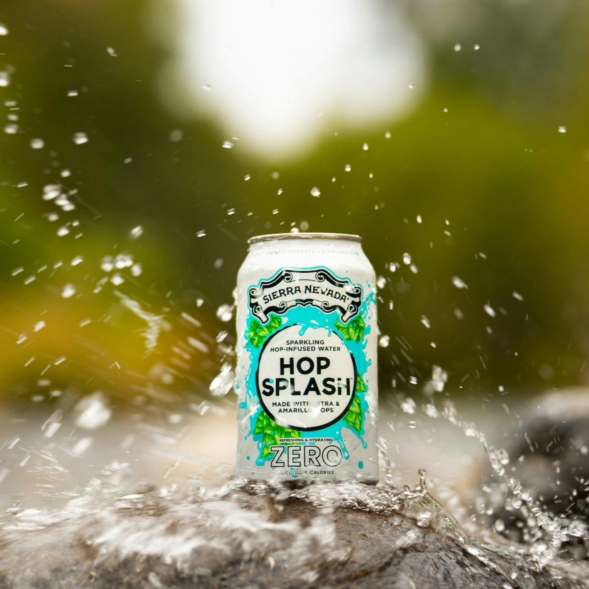 Sierra Nevada Hop Splash can in a rocky river setting