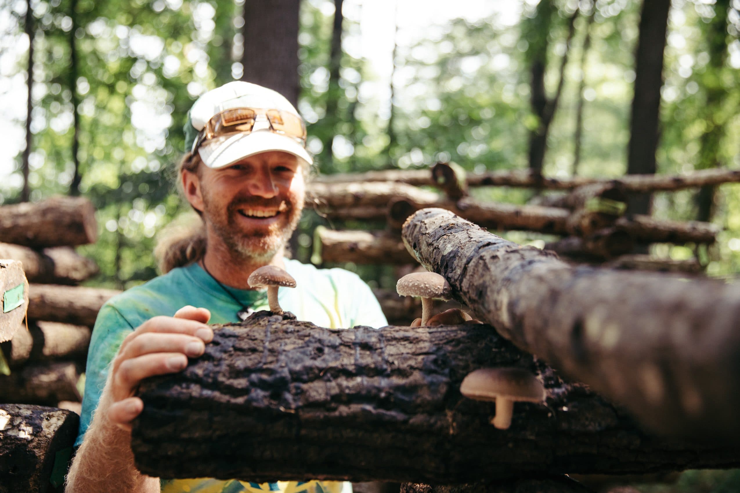 Shiitake mushrooms growing on a stack of logs with a Sierra Nevada Brewing Co. employee in the background