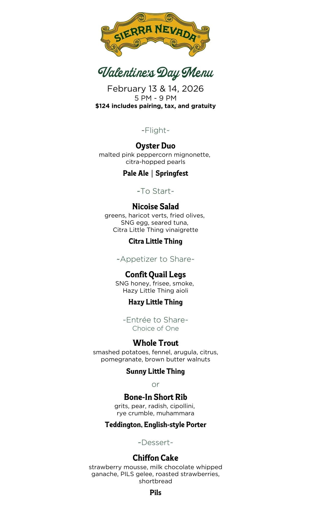 Valentines Prix Fixe Menu - Friday, February 13